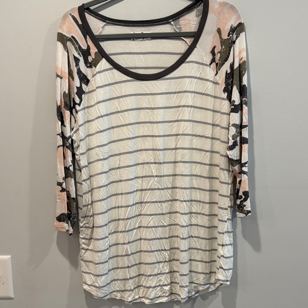 Chic Striped Top with Camouflage Sleeves